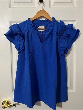 NWT Umgee Textured Blouse Top Shirt Large Blue Ruffle Flutter Sleeves